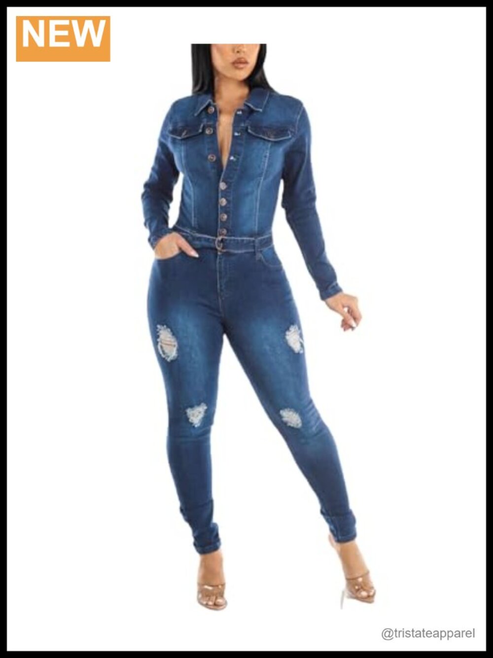 Button Down Denim Jumpsuit Lapel Long Sleeve Slim Fit Full Length Overalls